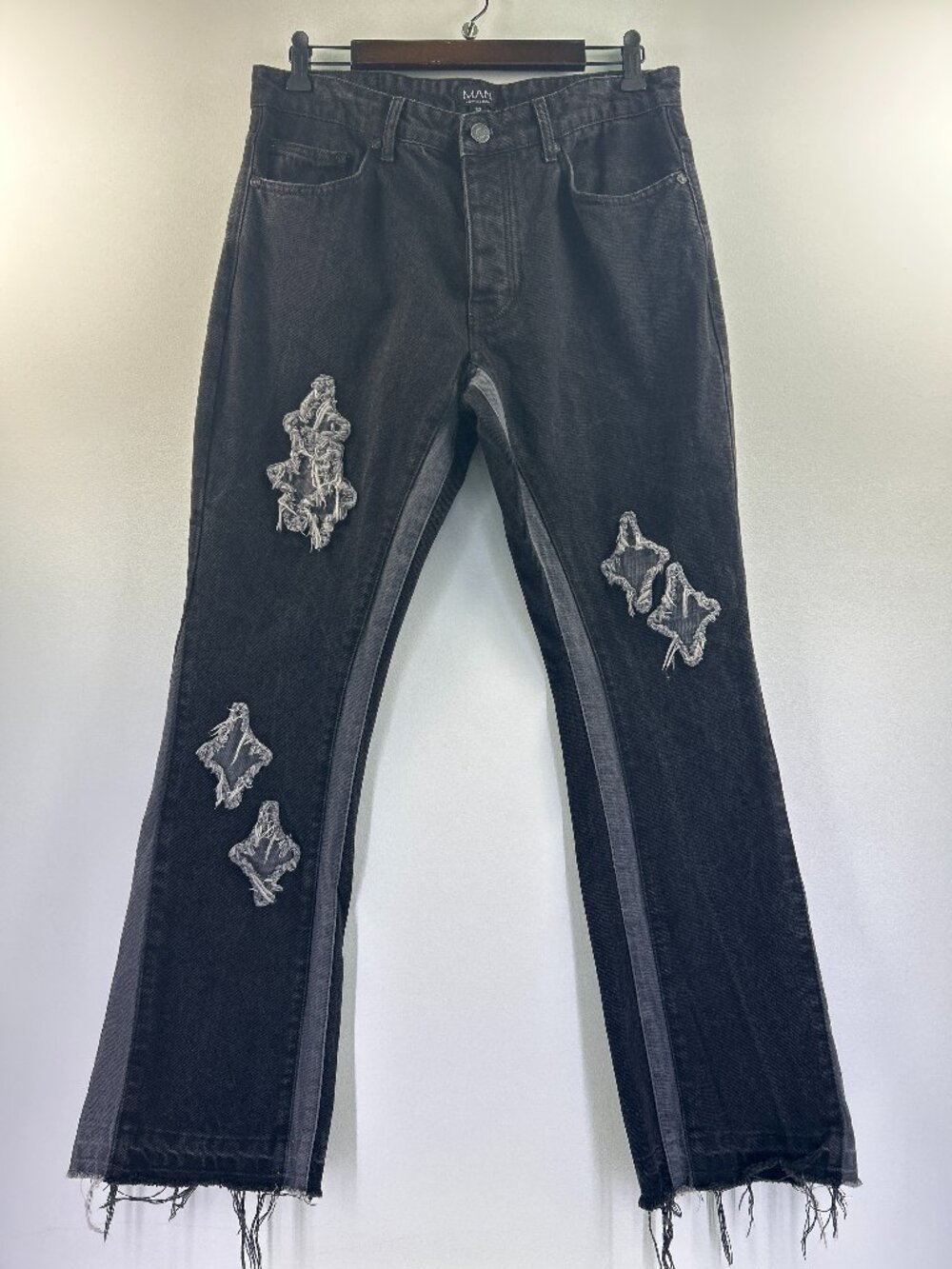 Boohoo MAN Black Distressed Raw Hem Jeans Size 32